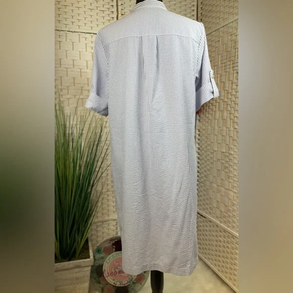 EUC Anne Klein SeerSucker Shirtdress w/Cuff Sleeves & Zipper Front- Sz 8 - Picture 5 of 7